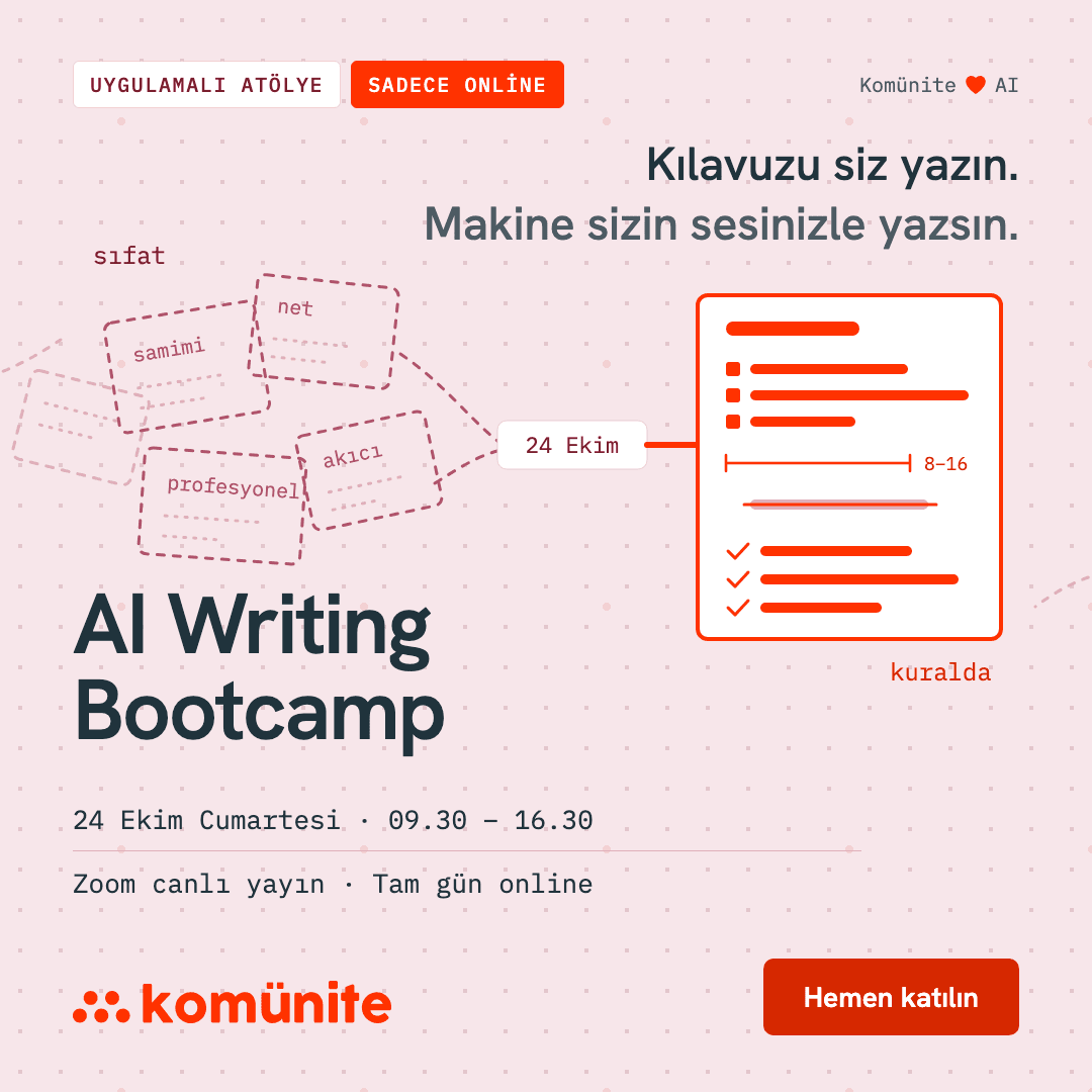 AI Writing Bootcamp afişi: yapay zekâ ile yazma eğitimi, kişisel yazım kılavuzu dosyası, tek gün, Zoom’da canlı