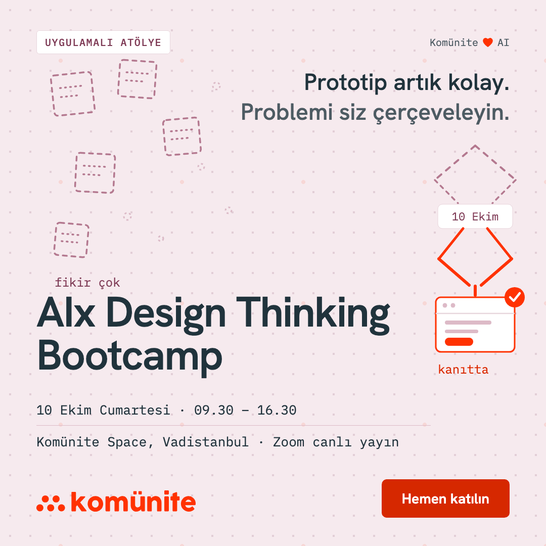 AIx Design Thinking Bootcamp afişi: yapay zekâ destekli design thinking bootcamp’i, Komünite Space Vadistanbul ve Zoom canlı yayın