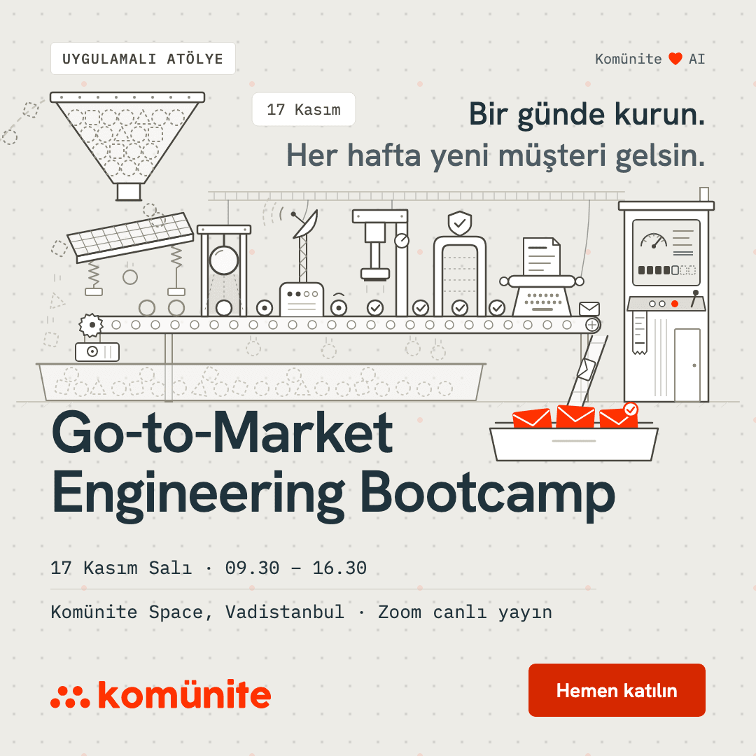 Go-to-Market Engineering Bootcamp afişi: B2B’de yapay zekâ ile yeni müşteri bulma programı, Komünite Space Vadistanbul ve Zoom canlı yayın