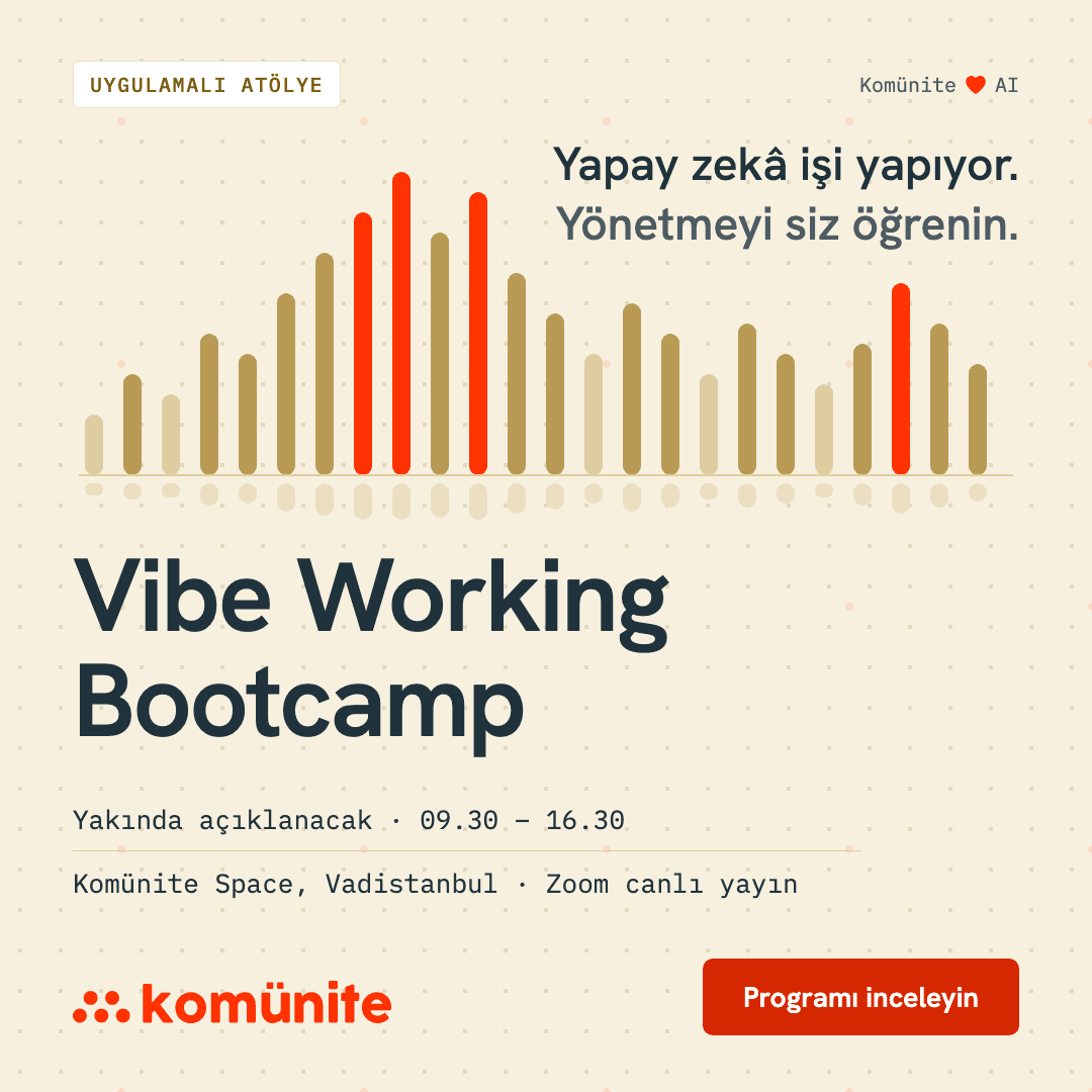 Vibe Working Bootcamp afişi: Claude Cowork ile yapay zekâ iş akışı eğitimi, Komünite Space Vadistanbul ve Zoom canlı yayın