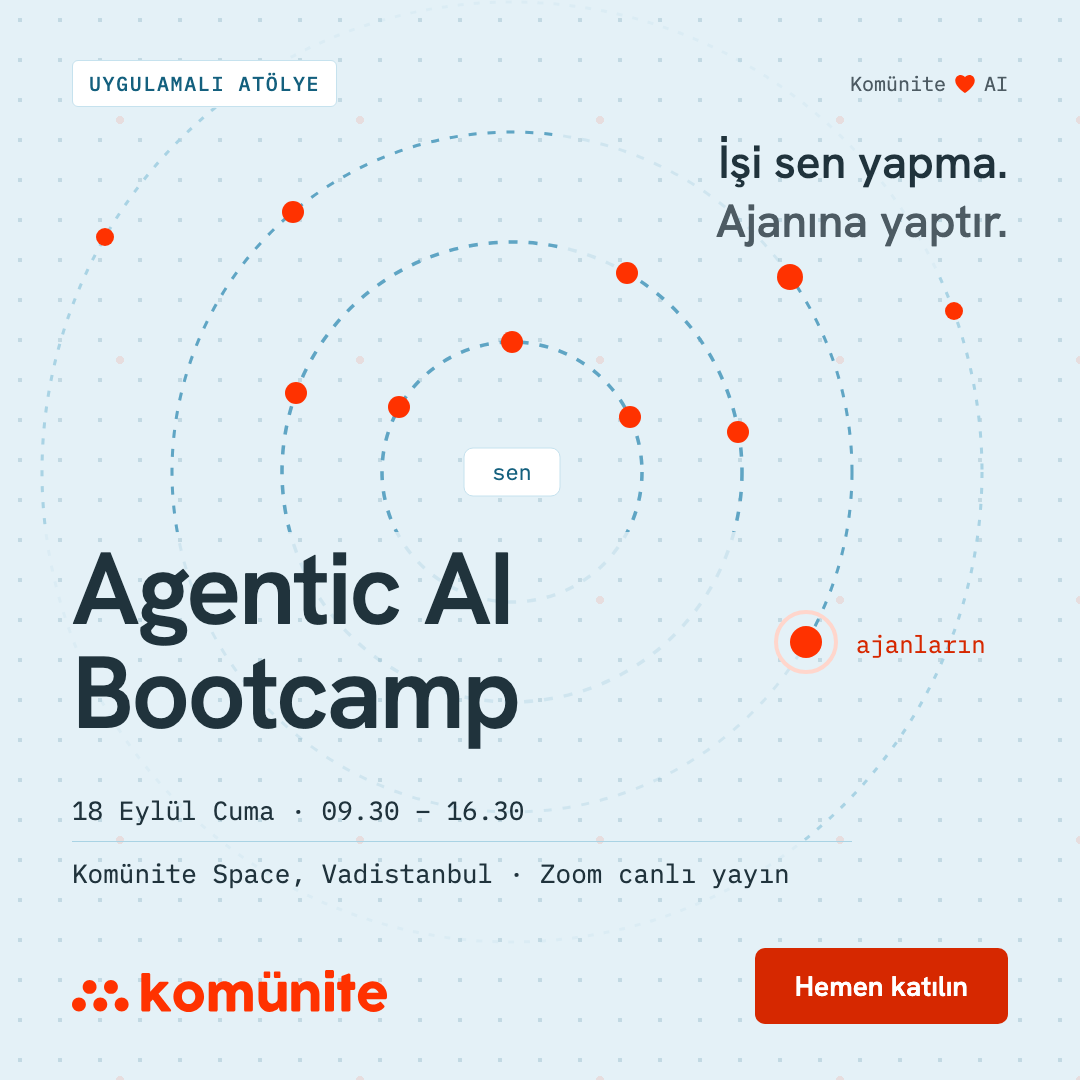 Agentic AI Bootcamp etkinlik görseli — 18 Eylül Cuma 09.30–16.30, Komünite Space Vadistanbul ve Zoom canlı yayın
