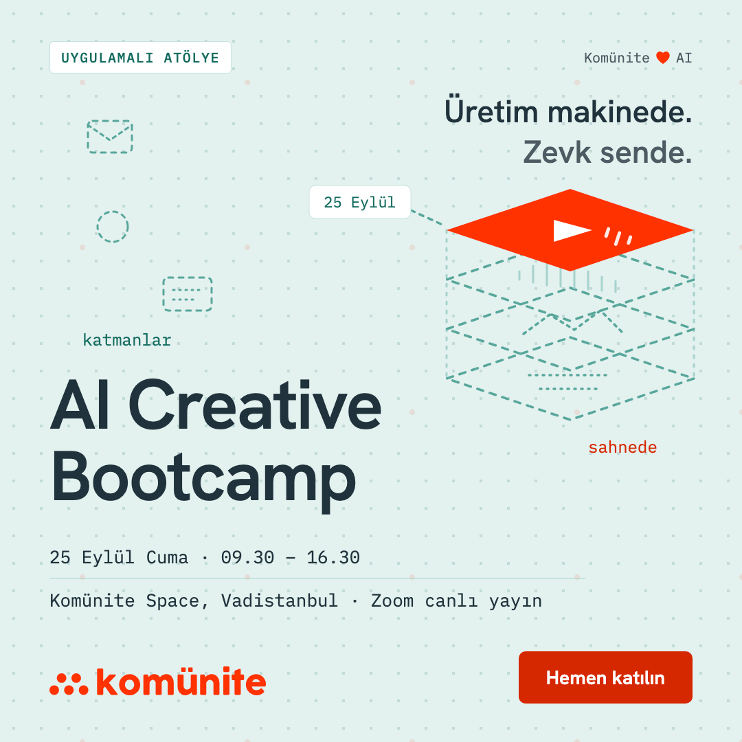 AI Creative Bootcamp etkinlik görseli — 25 Eylül Cuma 09.30–16.30, Komünite Space Vadistanbul ve Zoom canlı yayın